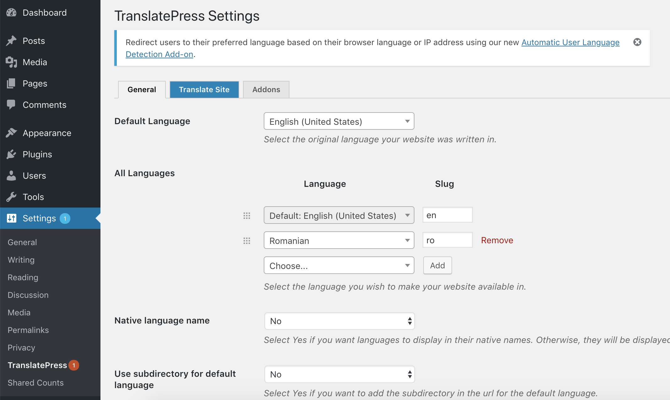 translatepress Settings