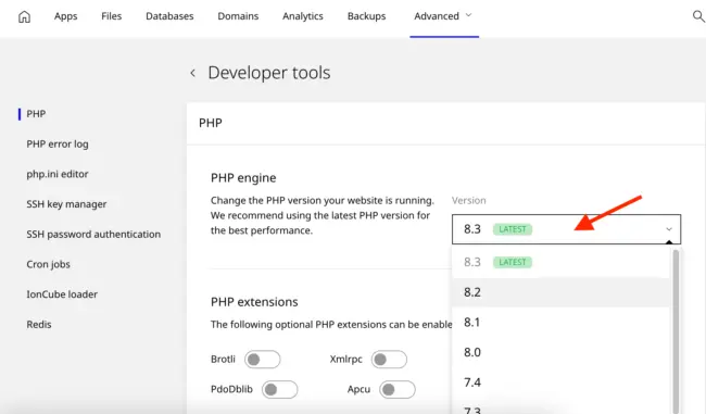 how to change your website's php version